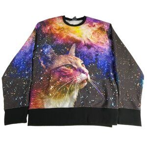 Lost gods Men's Sweatshirt Galaxy Cat Print XL Black Blue Polyester Spandex